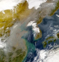 Korea and the Sea of Japan obscured by swirls of pollution